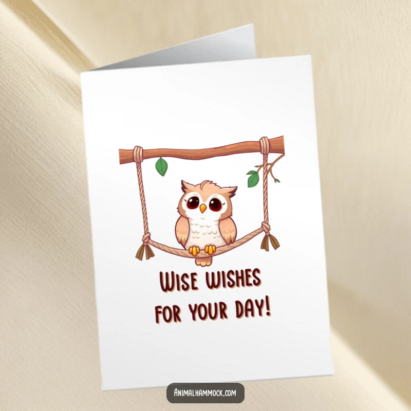 Funny Free Printable Birthday Card featuring a curious owl perched on hammock ropes, observing the birthday fun.