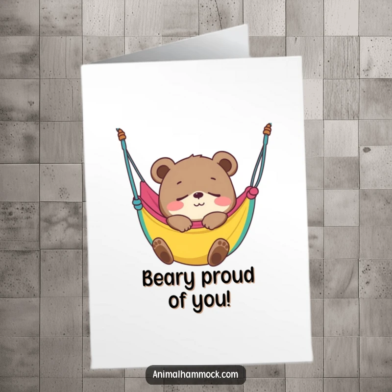 Funny Free Printable Bear Cub Congratulations Card: Smiling bear cub blissfully fast asleep in a colorful hammock, celebrating with a nap.