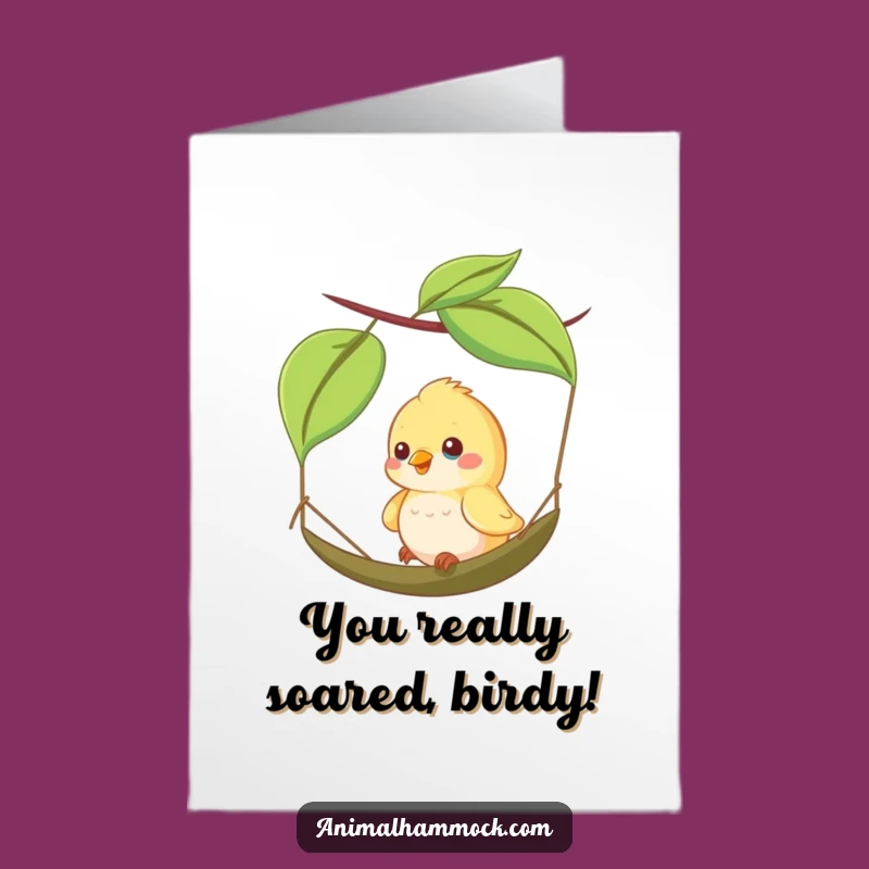 Free Printable Bird Congrats Card: Leaf Hammock Swinging Happy Funny Downloadable Gift