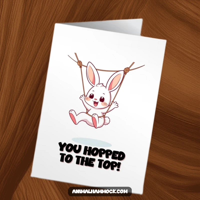 Funny Free Printable Congratulations Card: An energetic bunny dangling from a hammock, legs kicking with pure glee, celebrating success.