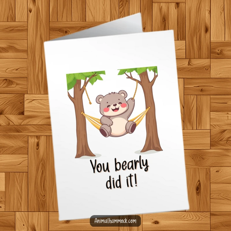 Funny Free Printable Congratulations Card: Chubby bear cub gleefully swinging wildly from a hammock between trees.