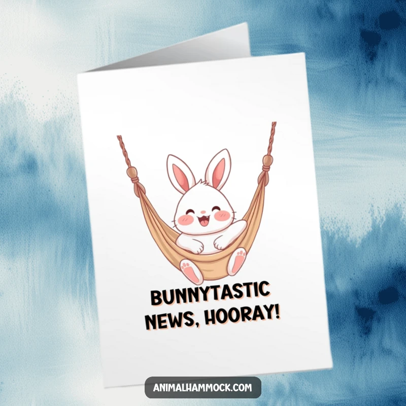 Funny Free Printable Congratulations Card: Excited fluffy bunny with rosy cheeks bouncing high in a hammock.