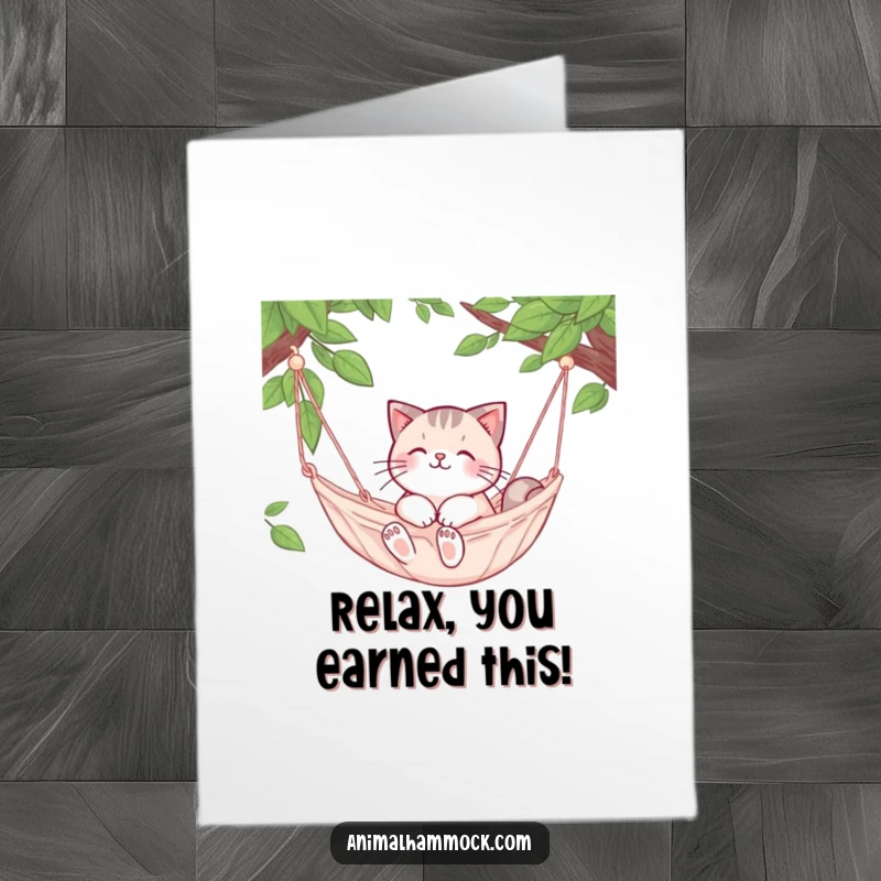 Funny Free Printable Congratulations Card: A content cat snuggled in a hammock, celebrating a moment of peace and success.