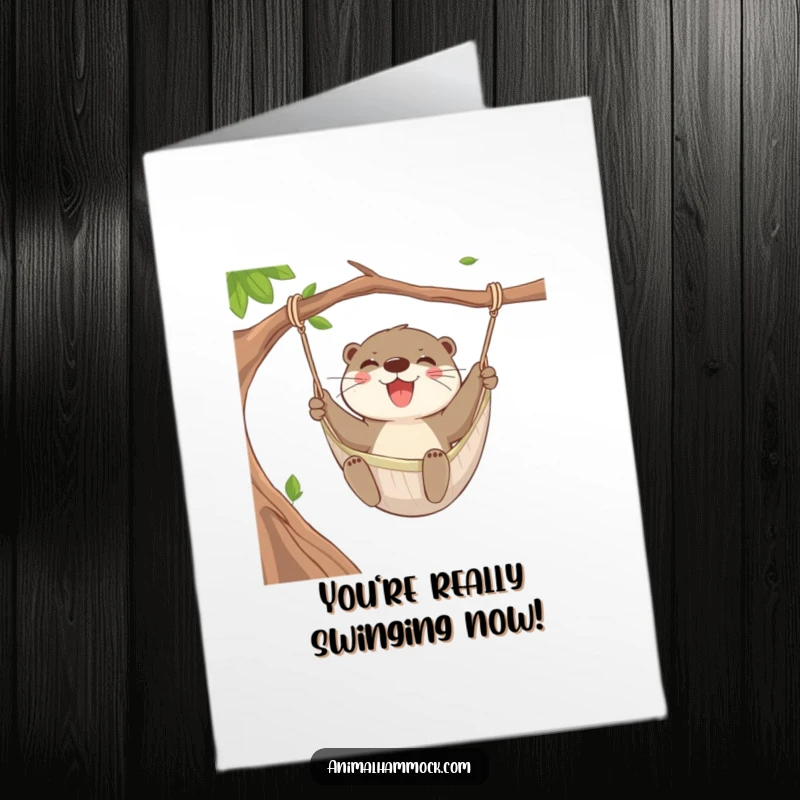 Funny Free Printable Congratulations Card: A joyful otter mid-swing in a hammock, celebrating with exuberant energy.
