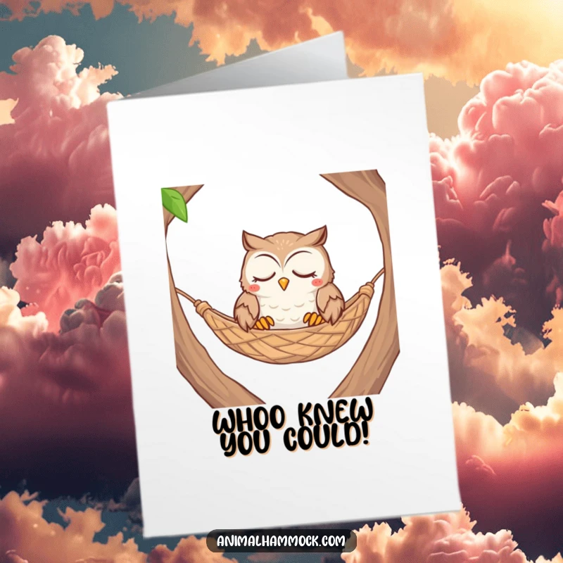 Funny Free Printable Congratulations Card: Calm owl with eyes closed resting peacefully in a woven hammock.