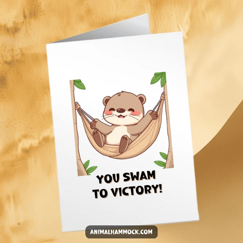 Funny Free Printable Congrats Card: Playful otter character rolling around happily inside a hammock, conveying pure amusement.