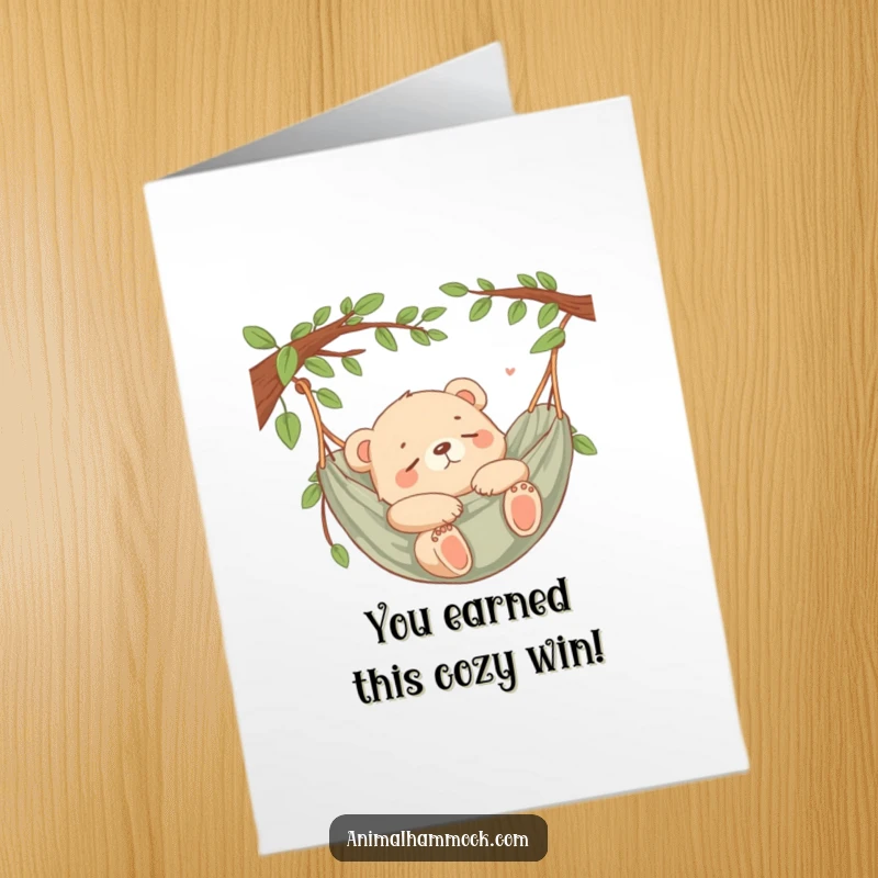 Funny Free Printable Congratulations Card: A content bear cub peacefully napping in a hammock, the epitome of relaxation.