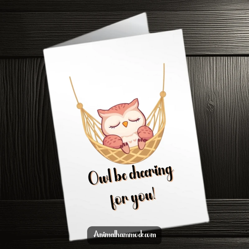Funny Free Printable Congratulations Card: A tired owl slumbering peacefully in a woven hammock, ideal for congratulatory wishes.