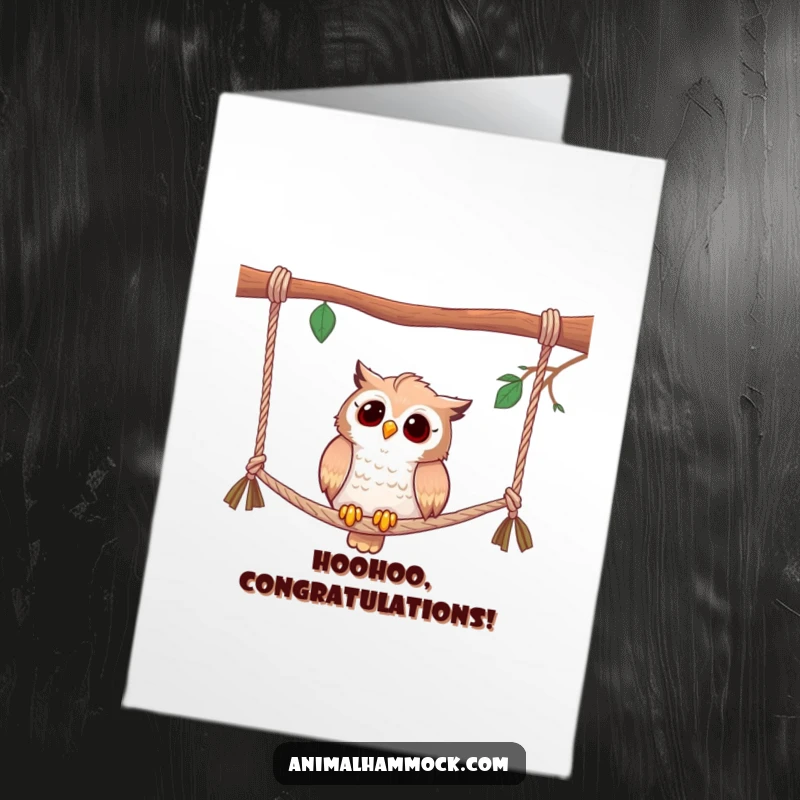 Funny Free Printable Congratulations Card with a curious owl on hammock ropes, symbolizing observation and success.