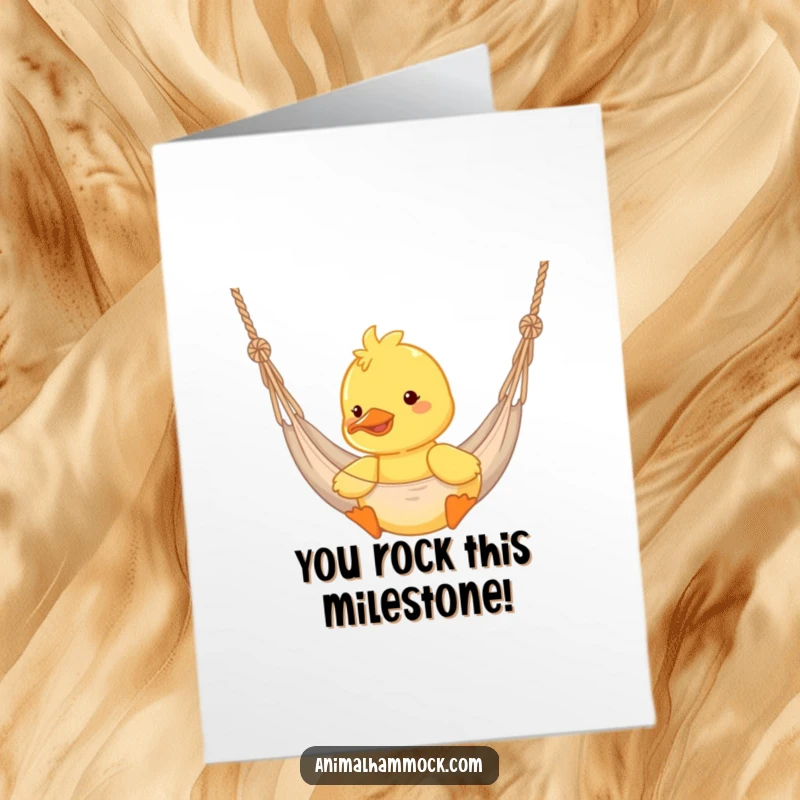 Funny Free Printable Congrats Card: Yellow duckling joyfully bouncing in a hammock, celebrating an achievement, pure delight.