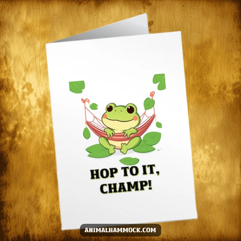 Funny Free Printable Congrats Card: Green frog grinning widely, lounging in a hammock, celebrating a momentous occasion.