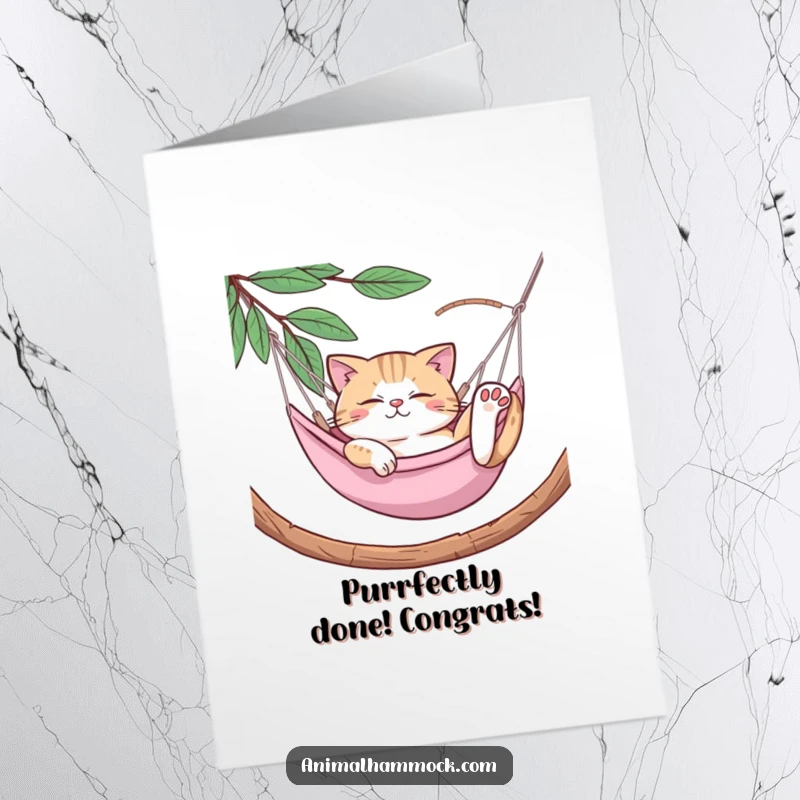 Funny Free Printable Congratulations Card showing a relaxed cat blissfully stretching in a hammock, a picture of pure contentment.