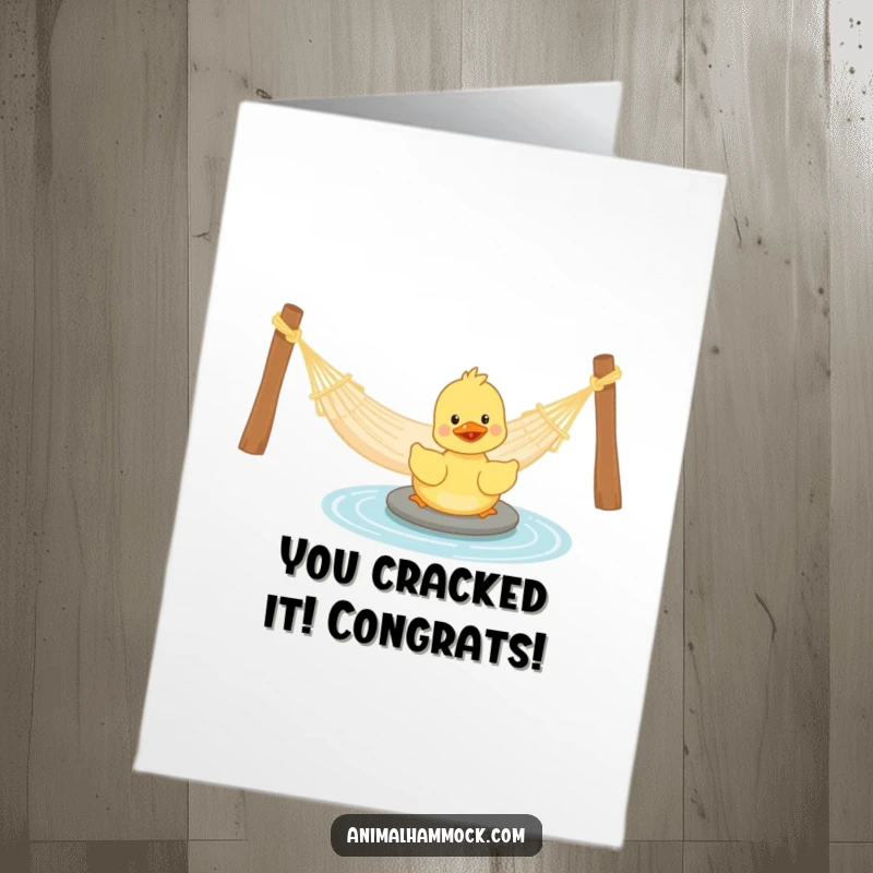 Funny Free Printable Congratulations Card featuring a playful duckling happily paddling in water near a hammock.