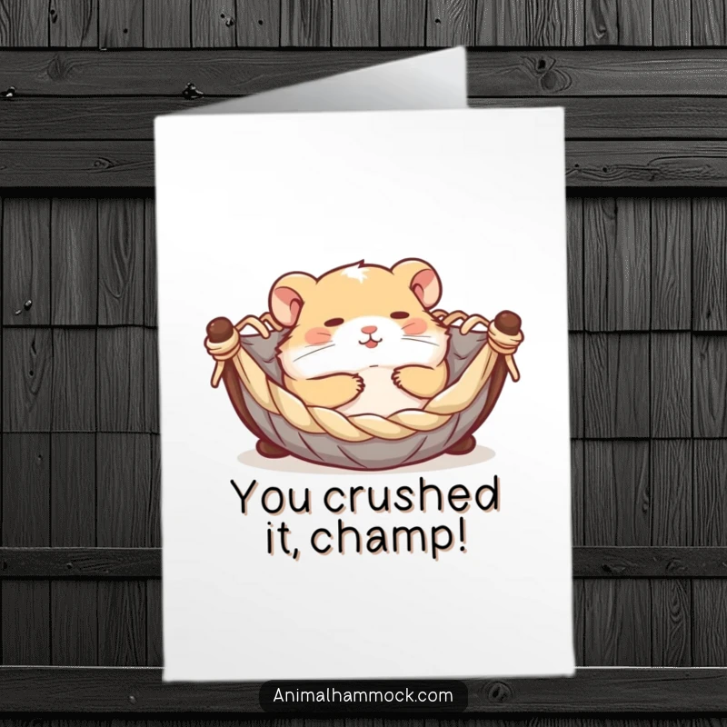 Funny Free Printable Congratulations Card: A contented hamster gleefully rolling in a miniature hammock, celebrating success with energetic joy.