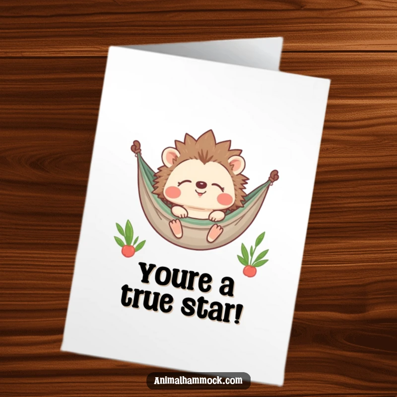 Funny Free Printable Hedgehog Congratulations Card: Contented hedgehog smiling with closed eyes in a hammock, celebrating with a smile.