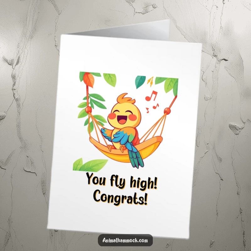 Funny Free Printable Congratulations Card: A joyous parrot singing from a brightly colored hammock, celebrating achievements with a vibrant, cheerful melody.