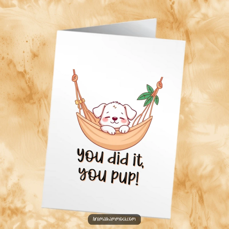 Funny free printable congratulations card featuring a relaxed puppy napping in a hammock, perfect for celebrating wins.