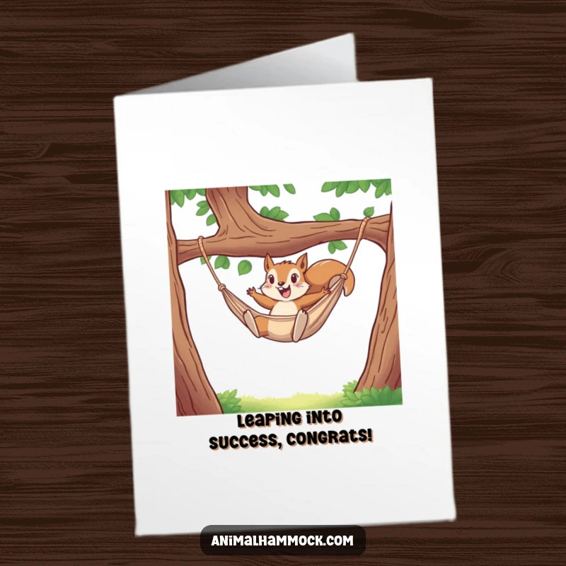 Funny Free Printable Congratulations Card: Energetic squirrel making a daring leap into a hammock, celebrating success.