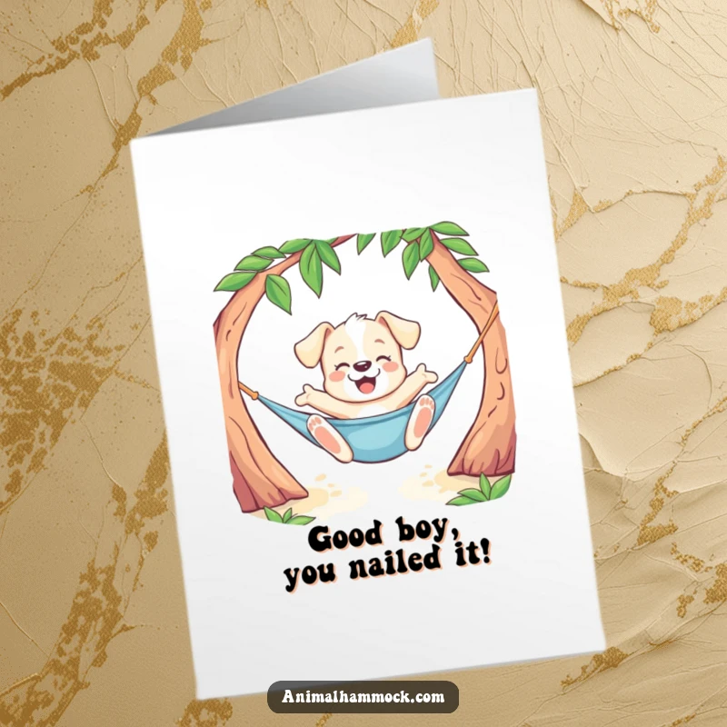 Funny Free Printable Puppy Congratulations Card: Playful puppy doing a joyful stretch while lounging in a hammock, celebrating success.