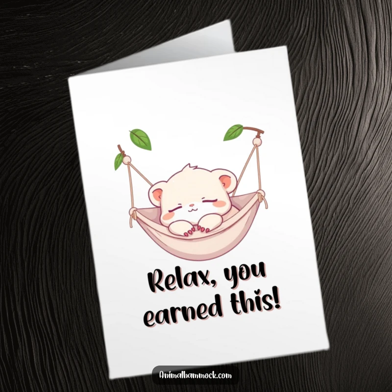 Funny Free Printable Congratulations Card: Tiny creature peacefully napping in a hammock, signaling a break well spent.