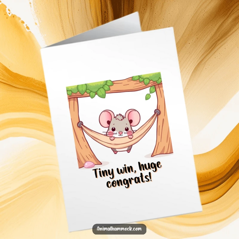 Funny Free Printable Congrats Card: Determined mouse peeking from under a hammock, a humorous and sneaky way to celebrate.