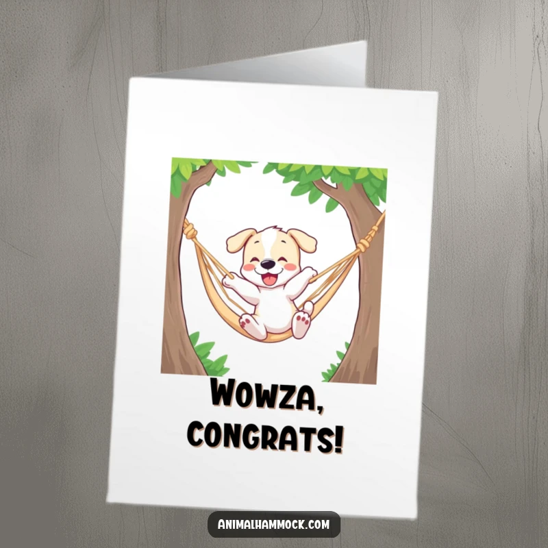 Funny Free Printable Congratulations Card showing a puppy enthusiastically bouncing in a hammock, celebrating success.