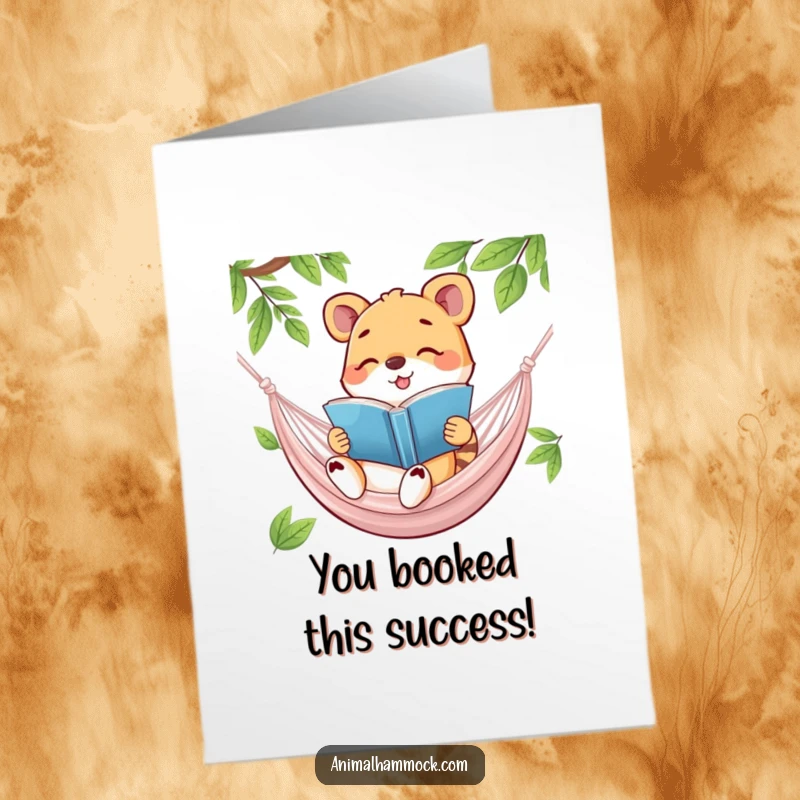 Funny Free Printable Congrats Card: A happy animal absorbed in a book, relaxing in a hammock with a look of deep thought.