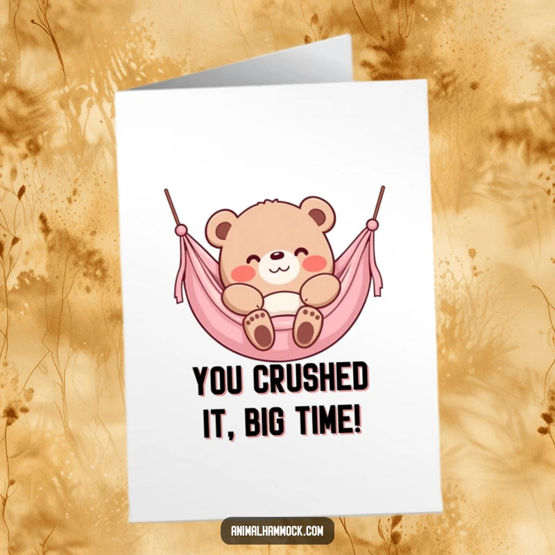Funny Free Printable Congrats Card: Content bear sinking into a plush hammock with a smile, embodying ultimate contentment.
