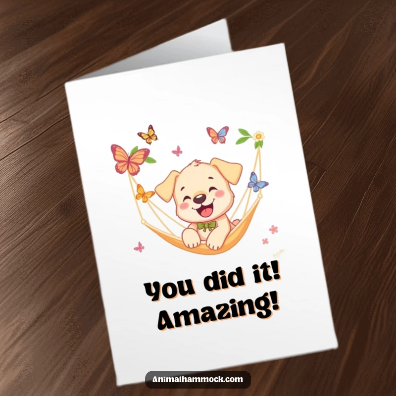Funny Free Printable Congratulations Card showing a happy puppy chasing butterflies out of a hammock, full of playful energy.