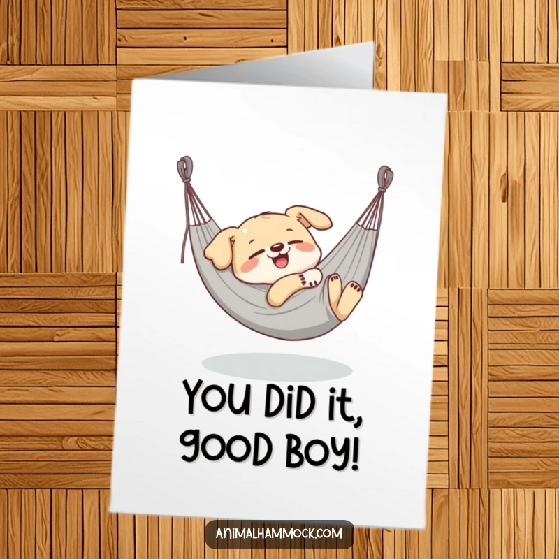 Funny Free Printable Congrats Card: Delighted dog blissfully napping in a stretched hammock, conveying peaceful joy.