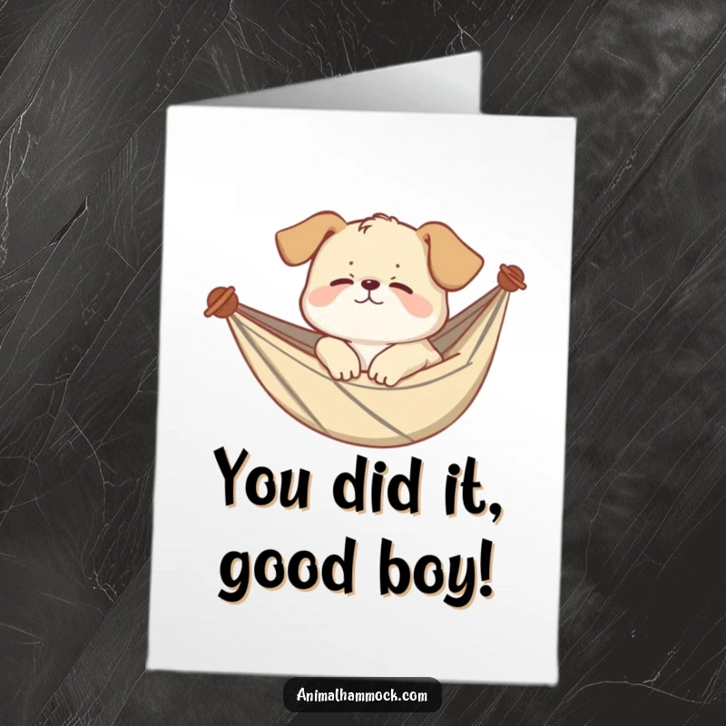 Funny Free Printable Congratulations Card: A sleeping puppy resting soundly in a hammock, symbolizing peaceful victory.