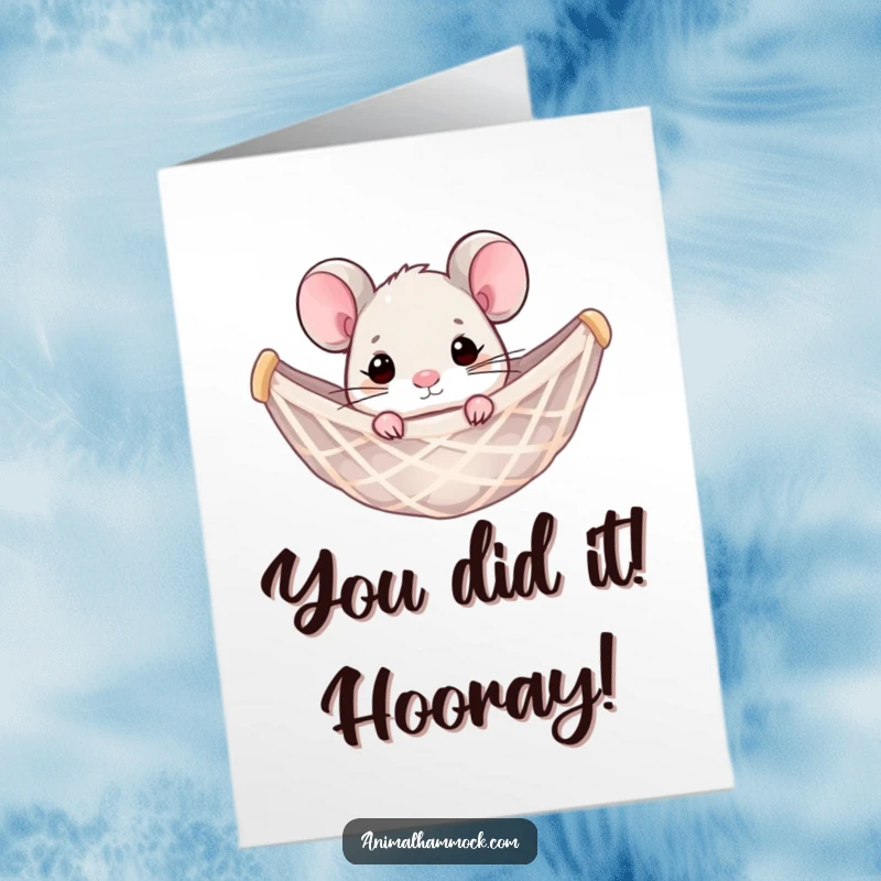 Funny Free Printable Congratulations Card: A small mouse enjoys a hammock, celebrating your fantastic news.