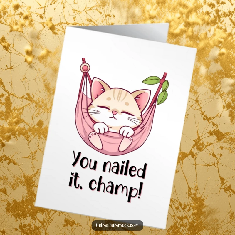 Funny Free Printable Congratulations Card: Round cat lounging in a hammock, looking utterly relaxed.