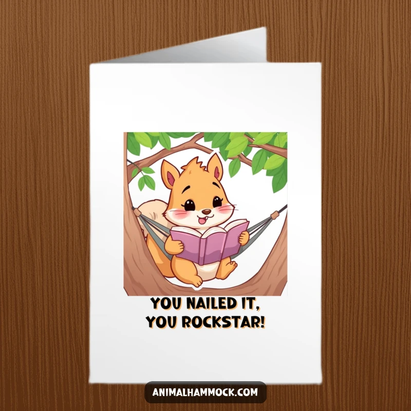 Funny Free Printable Congratulations Card: Squirrel happily reading a book in a hammock, a humorous downloadable greeting.