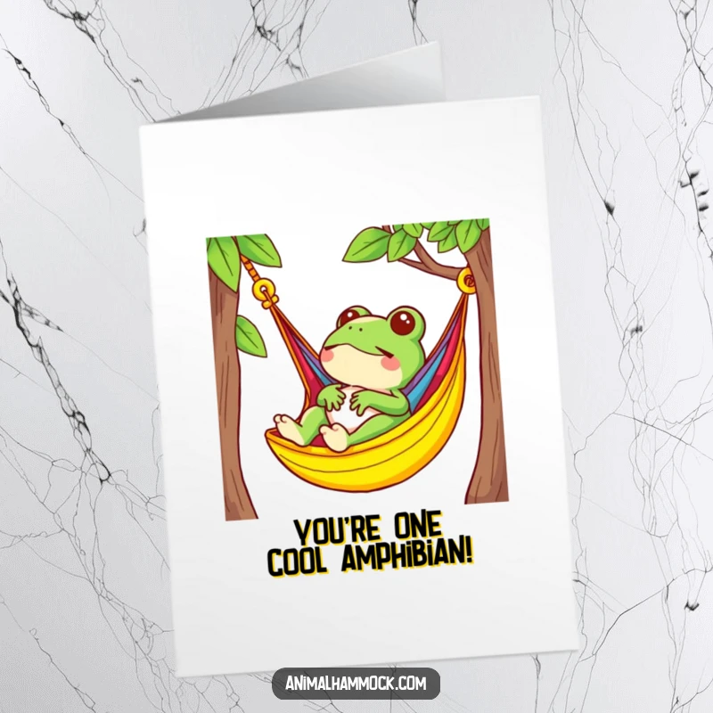 Funny Free Printable Congratulations Card: Small frog serenely relaxing in a vibrant hammock, humorous downloadable greeting.