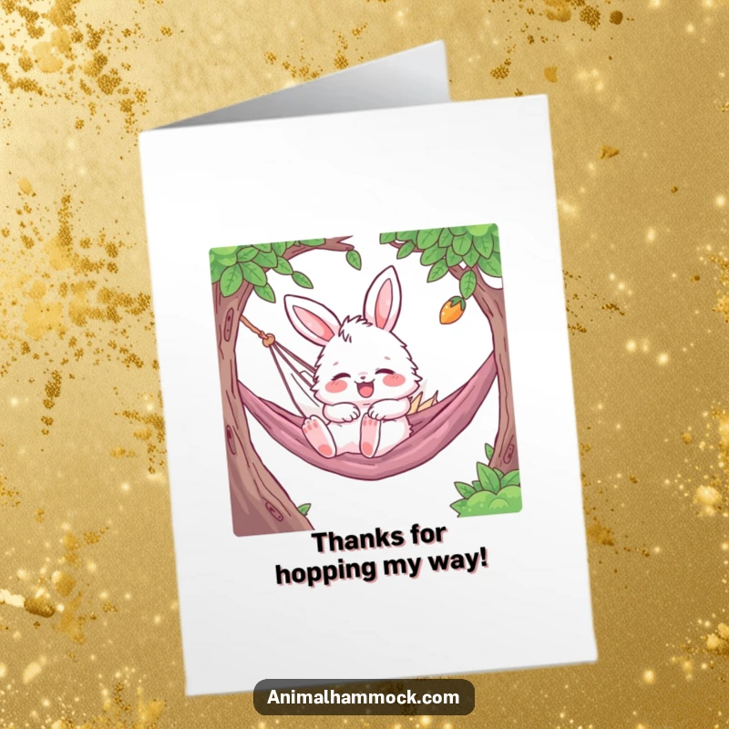 Funny Free Printable Bunny Thank You Card: Adorable fluffy character gleefully bouncing while napping in a hammock, a gentle thank you.
