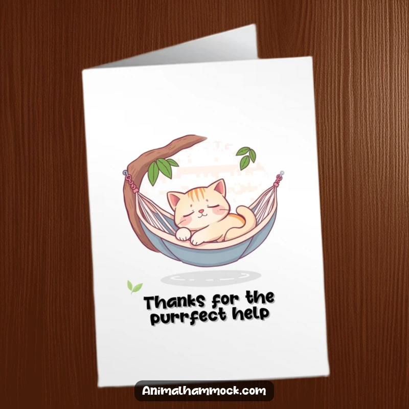 Funny Free Printable Thank You Card: A sleepy cat dreaming peacefully in a hammock oasis, conveying heartfelt thanks with quiet, humorous charm.