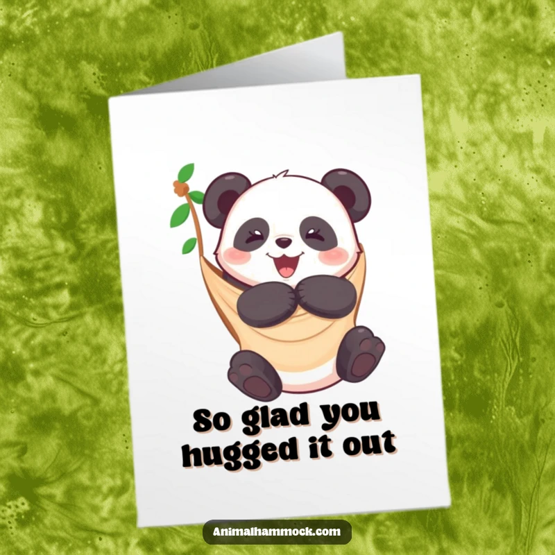 Funny Free Printable Thank You Card: A playful panda giving a hammock a big, joyful hug.