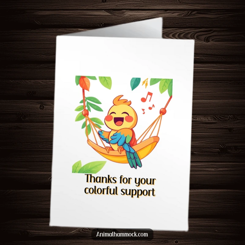 Funny Free Printable Thank You Card: A joyous parrot singing from a colorful hammock, conveying heartfelt thanks with a cheerful, musical flair.