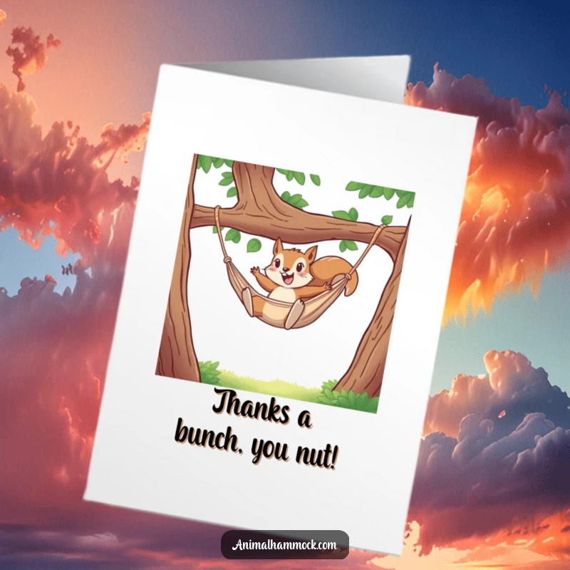Funny Free Printable Thank You Card: A squirrel celebrating gratitude with a wild leap into a hammock.