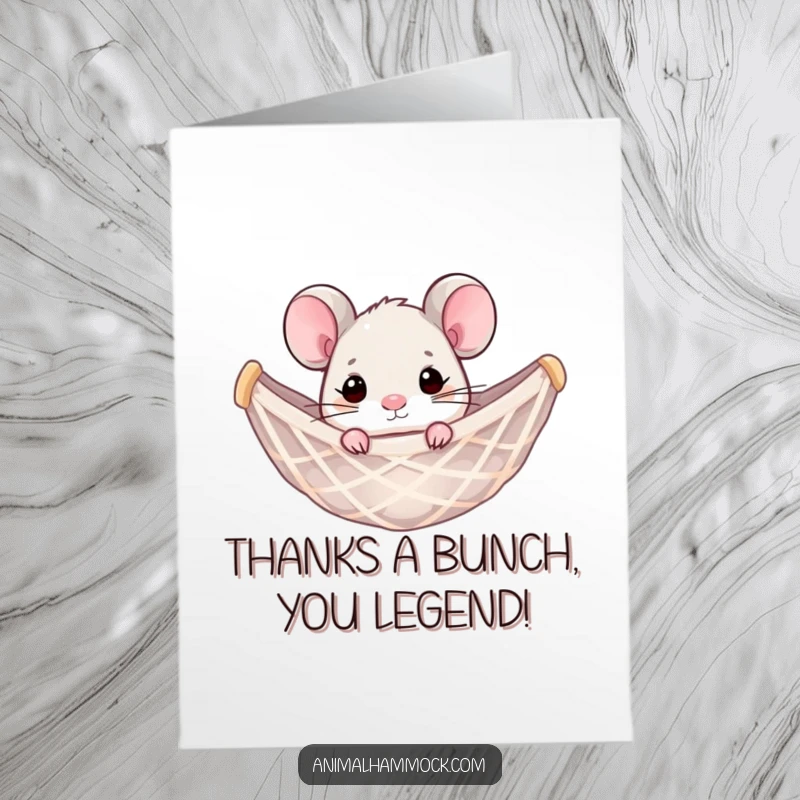 Funny Free Printable Thank You Card: A small mouse peeking from a hammock says thank you with a grin.