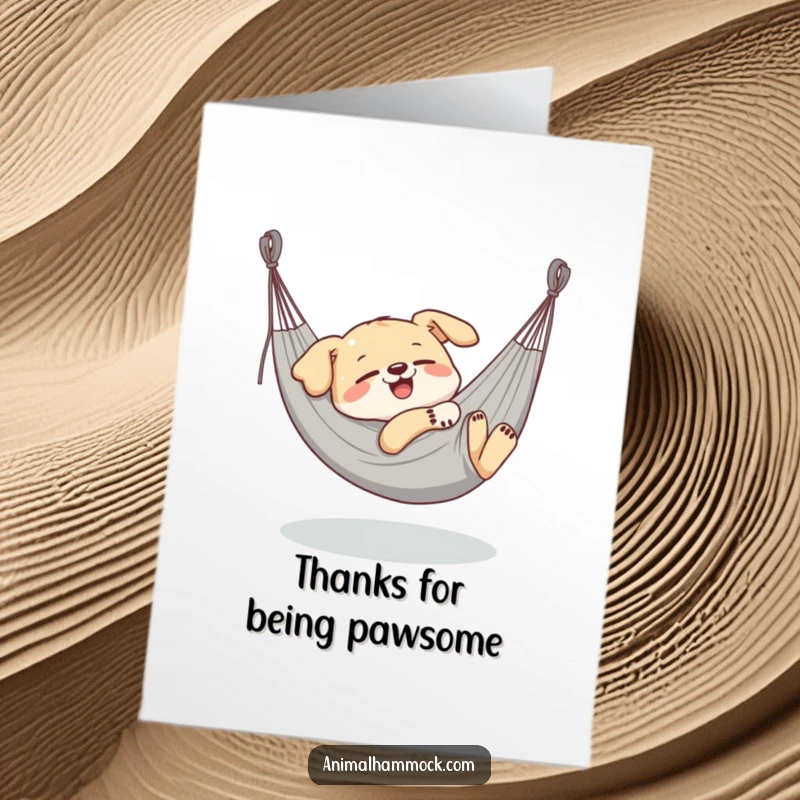 Funny Free Printable Thank You Card: Delighted dog blissfully napping in a stretched hammock, looking utterly content.