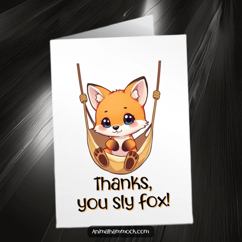 Funny Free Printable Thank You Card: A small fox eyeing a hammock with great curiosity, conveying thanks uniquely.