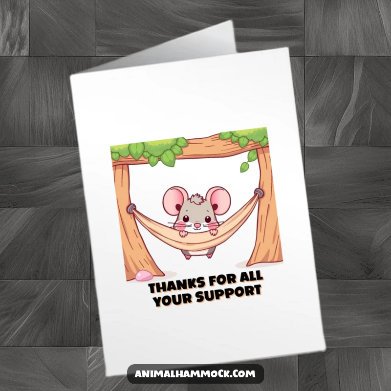 Funny Free Printable Thank You Card: Determined mouse peeking from under a hammock, a humorous and discreet thank you.
