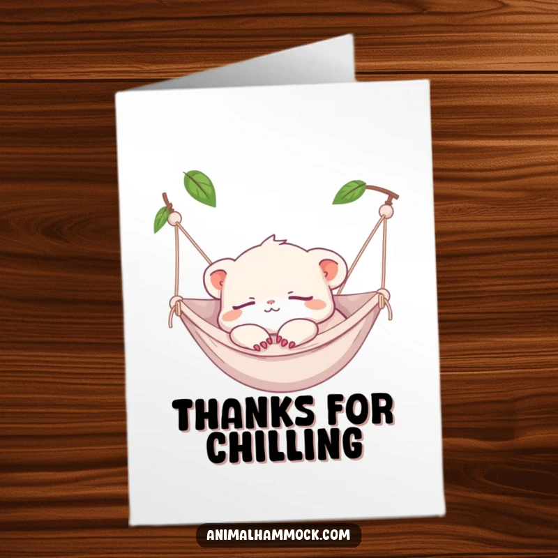 Funny Free Printable Thank You Card: Tiny creature enjoying a hammock nap, sending relaxed thank yous.