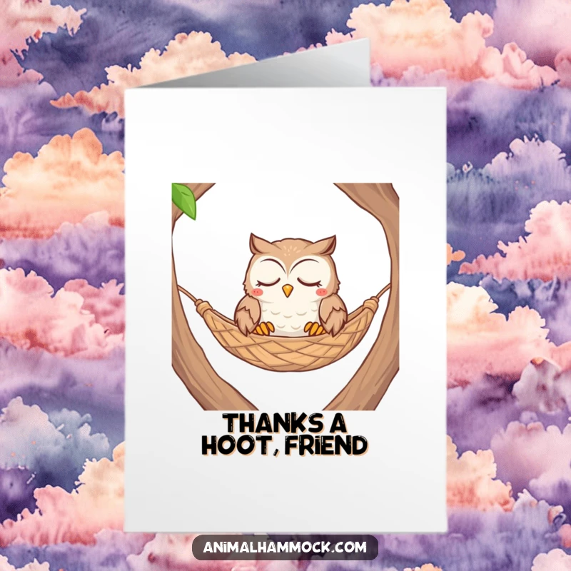Funny Free Printable Thank You Card: Contented owl with closed eyes snuggled comfortably in a woven hammock.