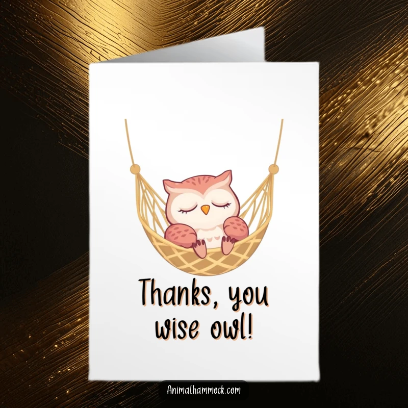 Funny Free Printable Thank You Card: A small owl peacefully napping in a hammock, conveying thanks with quiet charm.