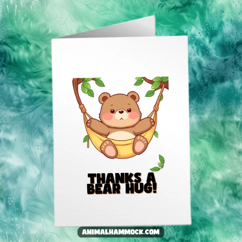 Funny Free Printable Thank You Card: A plump bear cub swaying contentedly in a hammock, sending warm thanks easily.