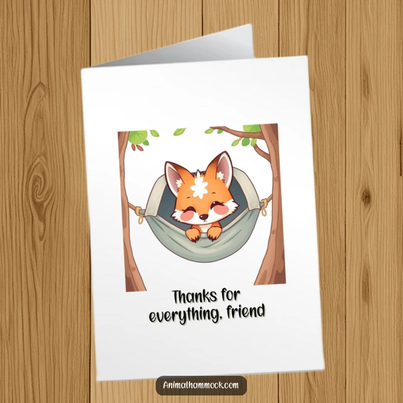 Funny Free Printable Thank You Card: Curious fox relaxing in a hammock, sending warm thanks with a sweet, humorous expression.