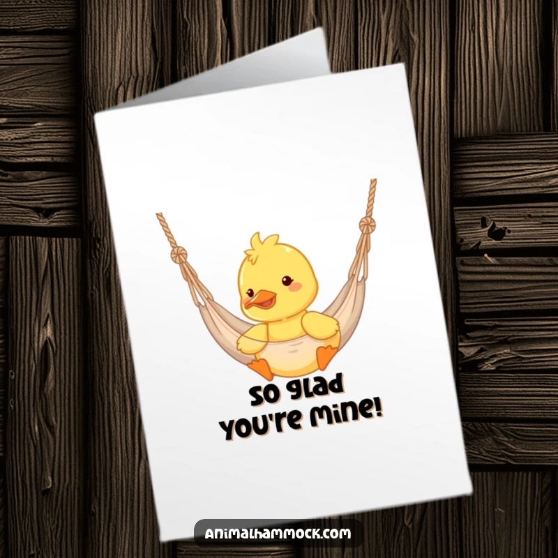 Funny Free Printable Thank You Card: Yellow duckling happily bouncing in a hammock, conveying heartfelt thanks playfully.